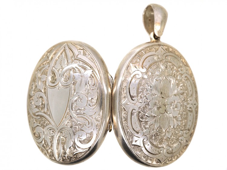 Victorian Oval Silver Locket With Shield & Ivy Leaf Design