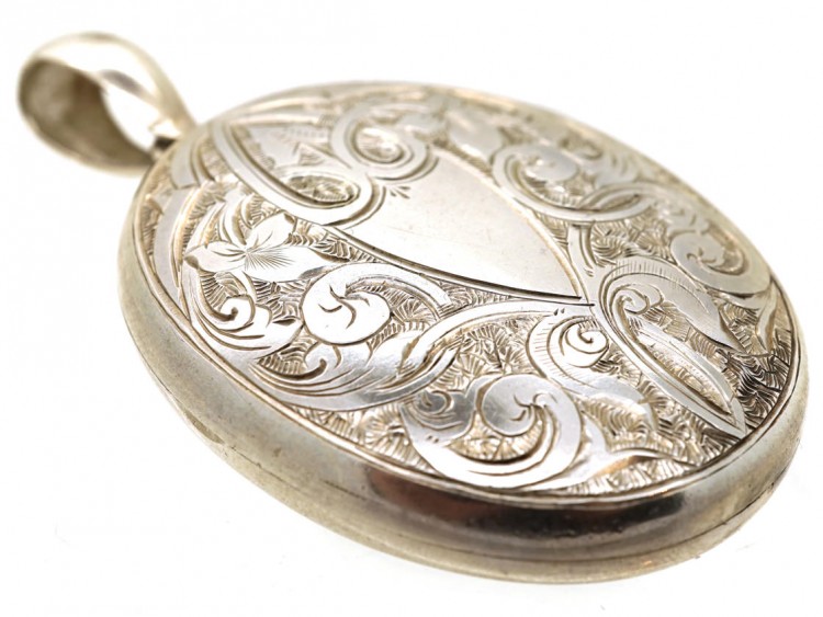 Victorian Oval Silver Locket With Shield & Ivy Leaf Design