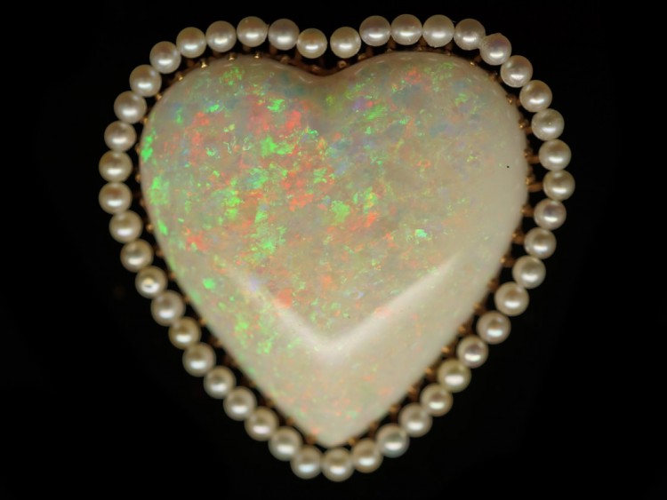 Edwardian 14ct Gold Large Opal ​& Natural Pearl Heart Pendant & Brooch