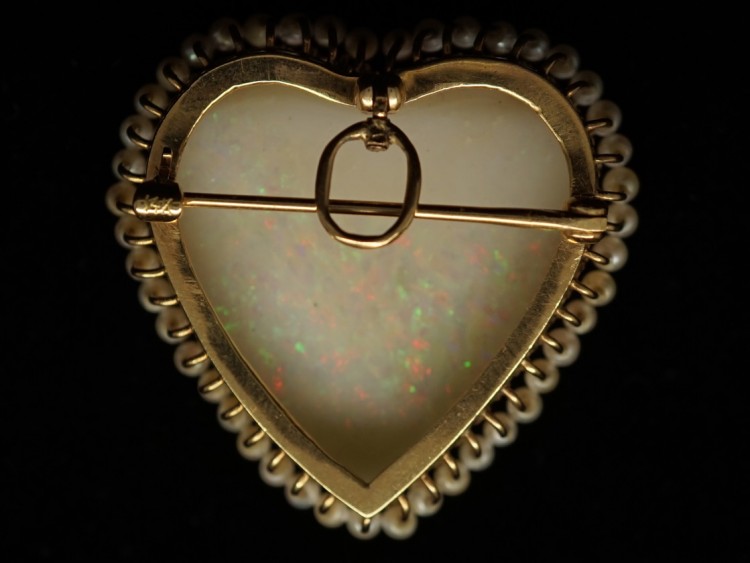 Edwardian 14ct Gold Large Opal ​& Natural Pearl Heart Pendant & Brooch
