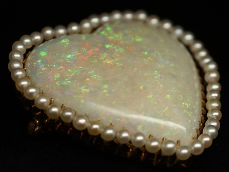 Edwardian 14ct Gold Large Opal ​& Natural Pearl Heart Pendant & Brooch