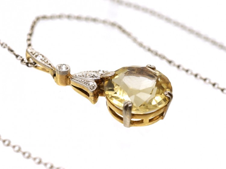 Edwardian Yellow Sapphire ​& Diamond Pendant on Platinum Chain
