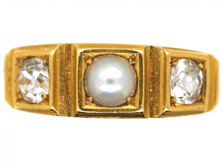 Victorian 18ct Gold Diamond & Natural Split Pearl Ring