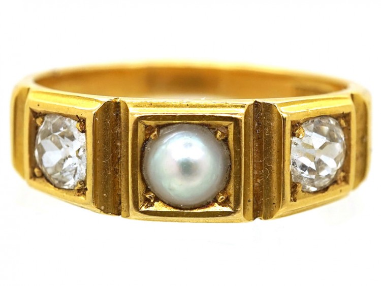 Victorian 18ct Gold Diamond & Natural Split Pearl Ring
