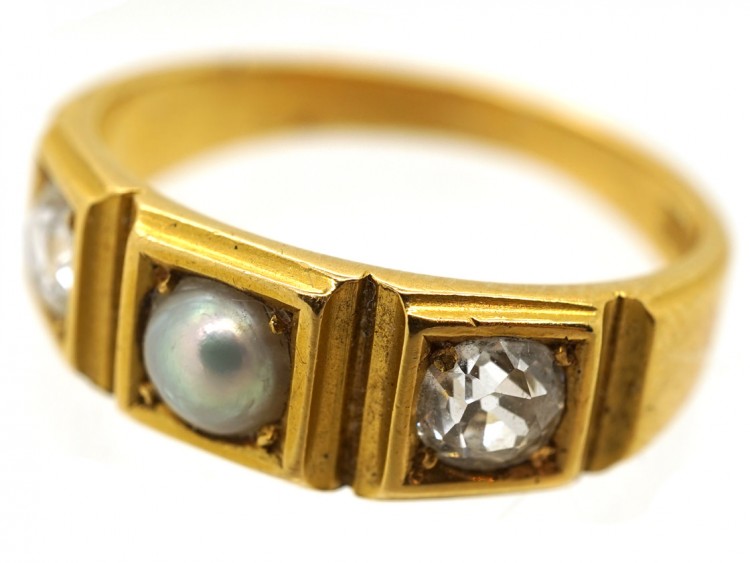 Victorian 18ct Gold Diamond & Natural Split Pearl Ring