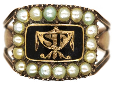 9ct Gold Georgian Black Enamel & Pearl Mourning Ring