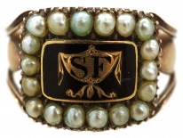 9ct Gold Georgian Black Enamel & Pearl Mourning Ring