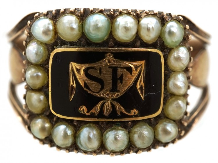 9ct Gold Georgian Black Enamel & Pearl Mourning Ring