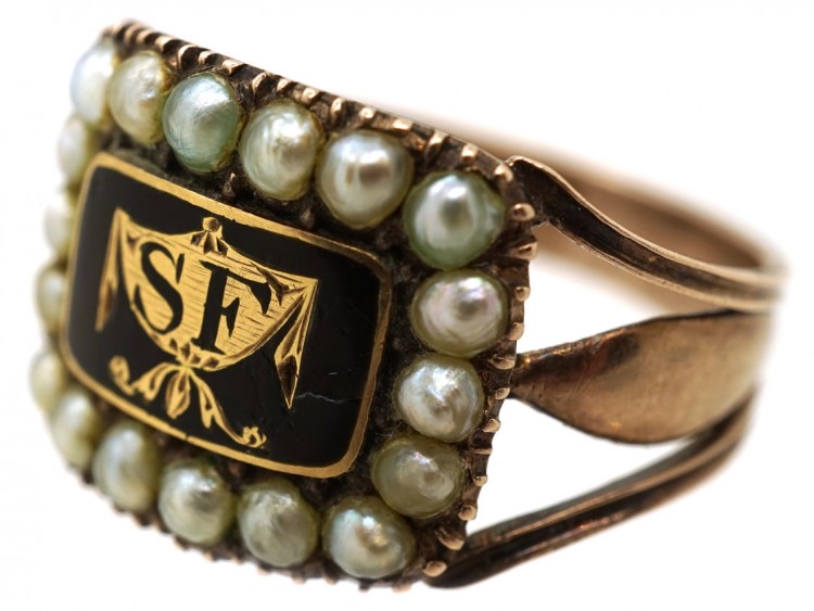 9ct Gold Georgian Black Enamel & Pearl Mourning Ring