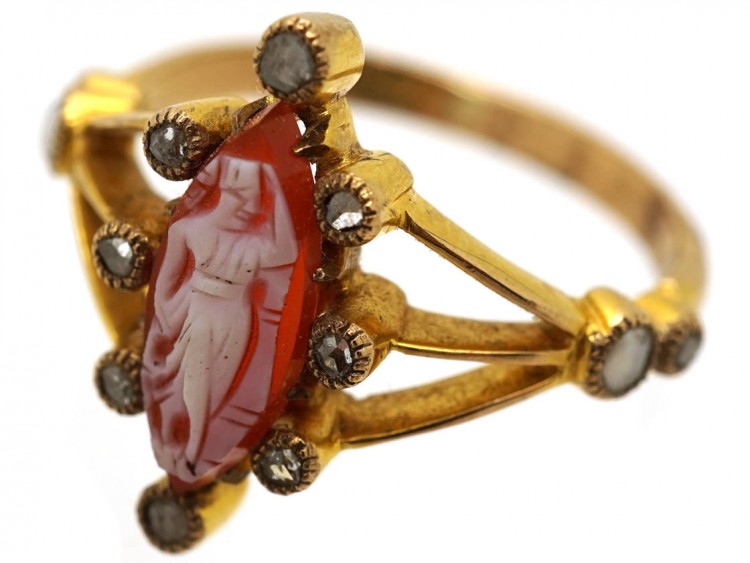 Hardstone Dancing Nymph 18ct Gold & Rose Diamond Victorian Ring