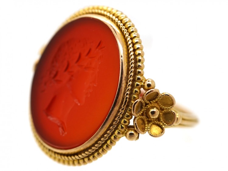 14ct Gold Carnelian Intaglio Ring of a Greek God