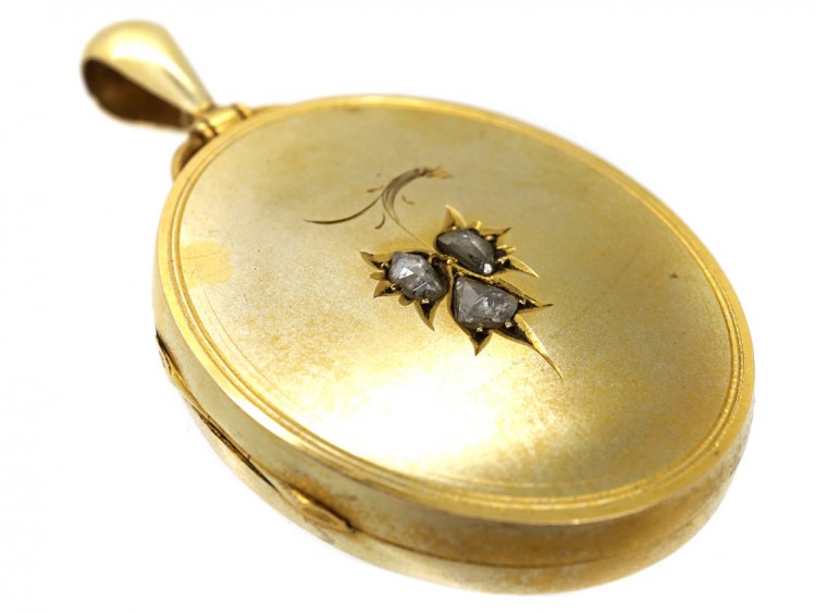 Victorian Large Oval 15ct Gold Locket Set With Three Rose Diamonds