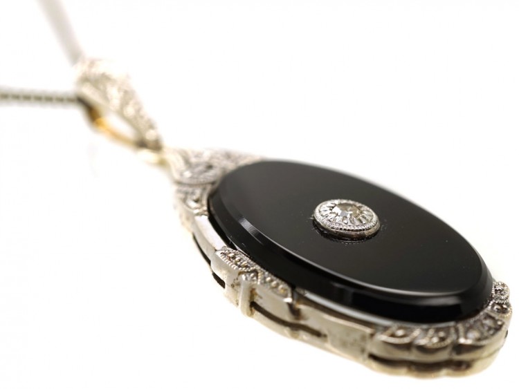 Art Deco Silver, Diamond ​& Onyx Pendant on Silver Chain
