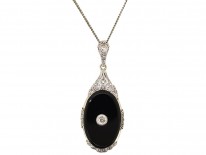 Art Deco Silver, Diamond ​& Onyx Pendant on Silver Chain