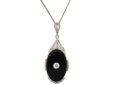Art Deco Silver, Diamond ​& Onyx Pendant on Silver Chain