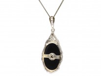 Art Deco Silver, Diamond ​& Onyx Pendant on Silver Chain