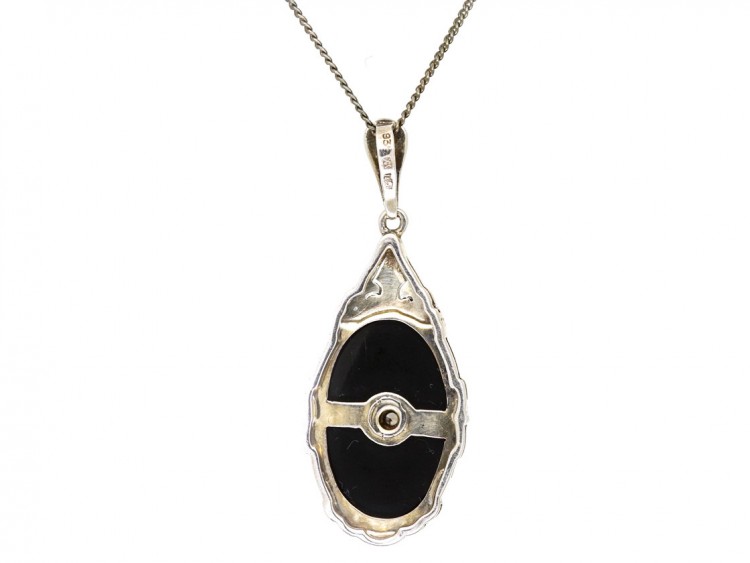 Art Deco Silver, Diamond ​& Onyx Pendant on Silver Chain