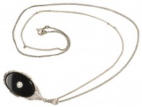 Art Deco Silver, Diamond ​& Onyx Pendant on Silver Chain