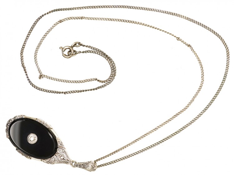 Art Deco Silver, Diamond ​& Onyx Pendant on Silver Chain