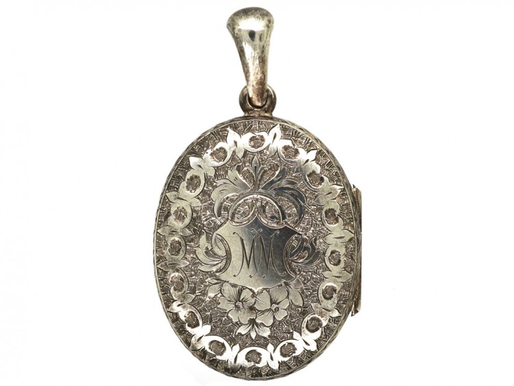 Victorian Silver Oval Locket With Ivy Leaf Detail