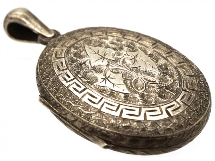 Victorian Silver Oval Locket With Ivy Leaf Detail