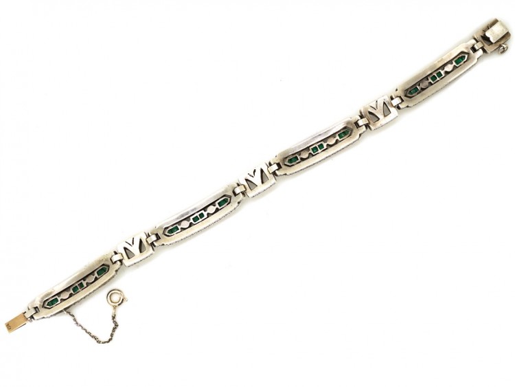 Art Deco Silver, Green ​& White Paste Bracelet