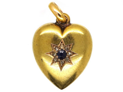 Edwardian 15ct Gold Sapphire ​& Diamond Heart Shaped Pendant