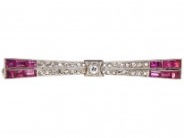 French 18ct White Gold Art Deco Ruby ​& Diamond Stylised Bow Brooch