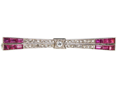 French 18ct White Gold Art Deco Ruby ​& Diamond Stylised Bow Brooch