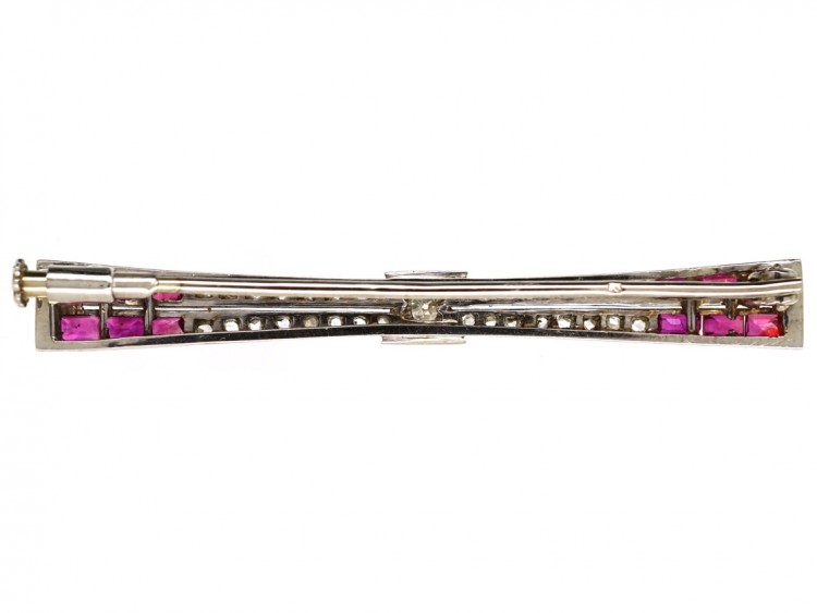 French 18ct White Gold Art Deco Ruby ​& Diamond Stylised Bow Brooch