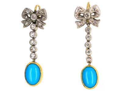 Edwardian Turquoise ​& Diamond Drop Earrings With Bow Tops