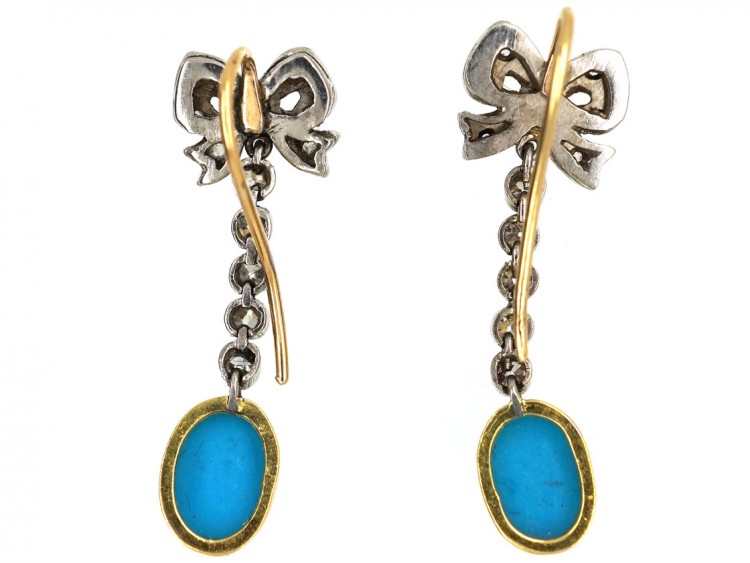 Edwardian Turquoise ​& Diamond Drop Earrings With Bow Tops
