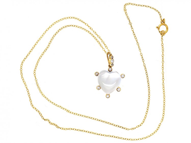 Edwardian Moonstone ​& Diamond Heart Pendant On Gold Chain