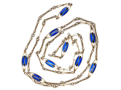 Art Deco Silver, Blue ​& White Enamel Long Chain