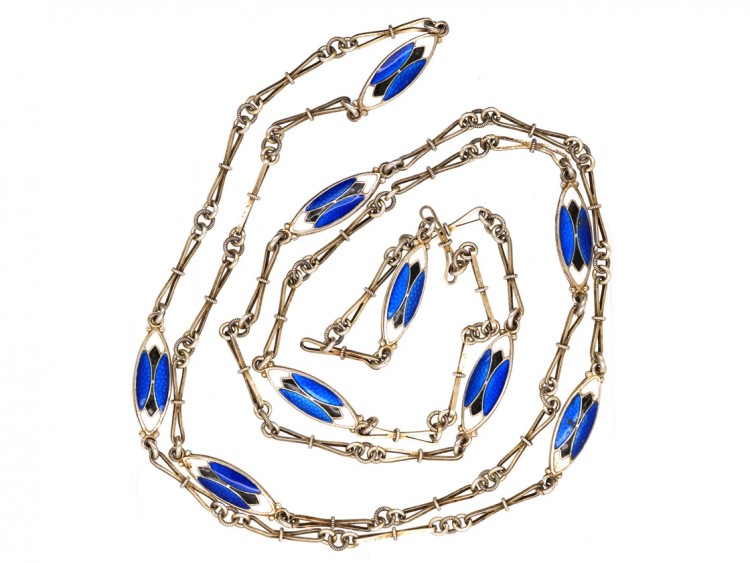 Art Deco Silver, Blue ​& White Enamel Long Chain