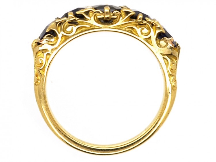 Victorian 18ct Gold, Carved Half Hoop Five Stone Burma Sapphire Ring