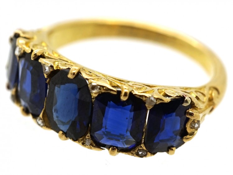 Victorian 18ct Gold, Carved Half Hoop Five Stone Burma Sapphire Ring