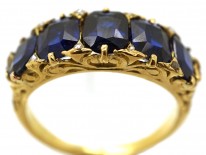Victorian 18ct Gold, Carved Half Hoop Five Stone Burma Sapphire Ring