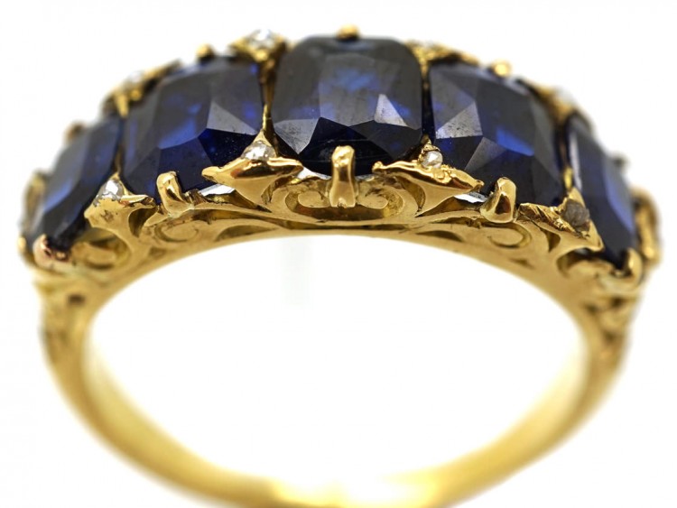 Victorian 18ct Gold, Carved Half Hoop Five Stone Burma Sapphire Ring