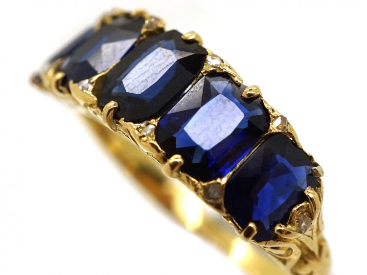 Victorian 18ct Gold, Carved Half Hoop Five Stone Burma Sapphire Ring
