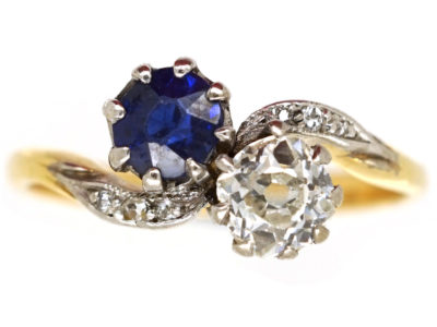 Edwardian 18ct Gold, Platinum Sapphire ​& Diamond Crossover Ring