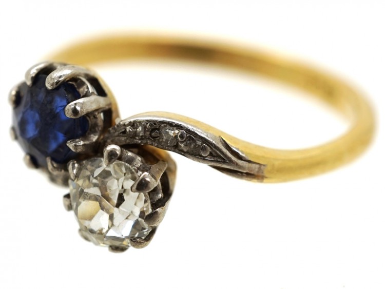 Edwardian 18ct Gold, Platinum Sapphire ​& Diamond Crossover Ring
