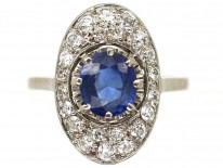 French Art Deco Platinum Oval Sapphire​ & Diamond Ring