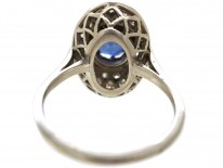 French Art Deco Platinum Oval Sapphire​ & Diamond Ring