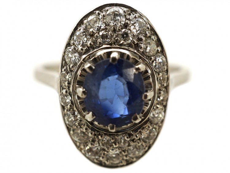 French Art Deco Platinum Oval Sapphire​ & Diamond Ring