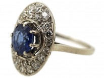 French Art Deco Platinum Oval Sapphire​ & Diamond Ring