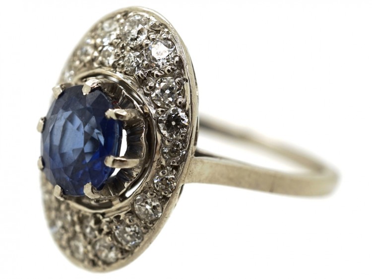 French Art Deco Platinum Oval Sapphire​ & Diamond Ring