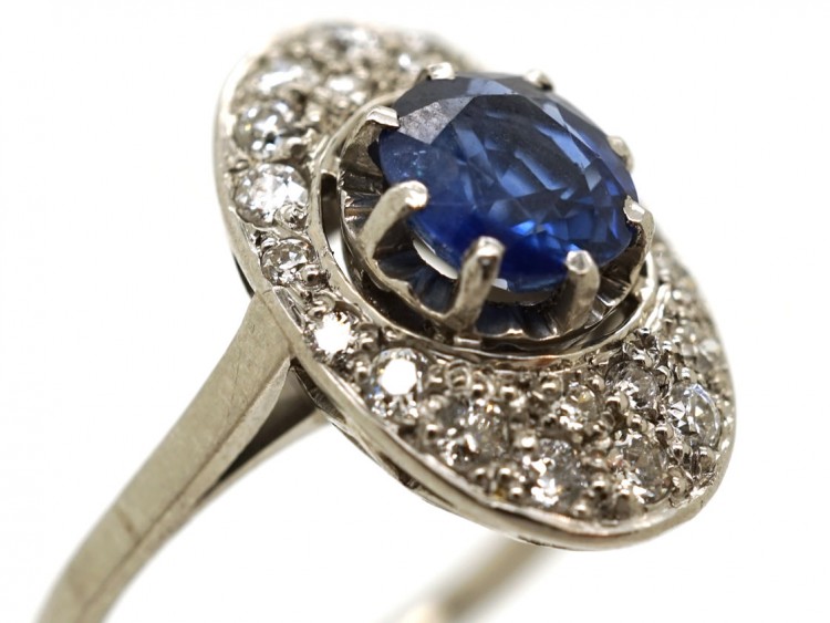 French Art Deco Platinum Oval Sapphire​ & Diamond Ring