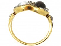 Victorian 18ct Gold Natural Pearl & Garnet Double Heart Ring