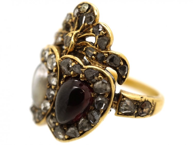 Victorian 18ct Gold Natural Pearl & Garnet Double Heart Ring